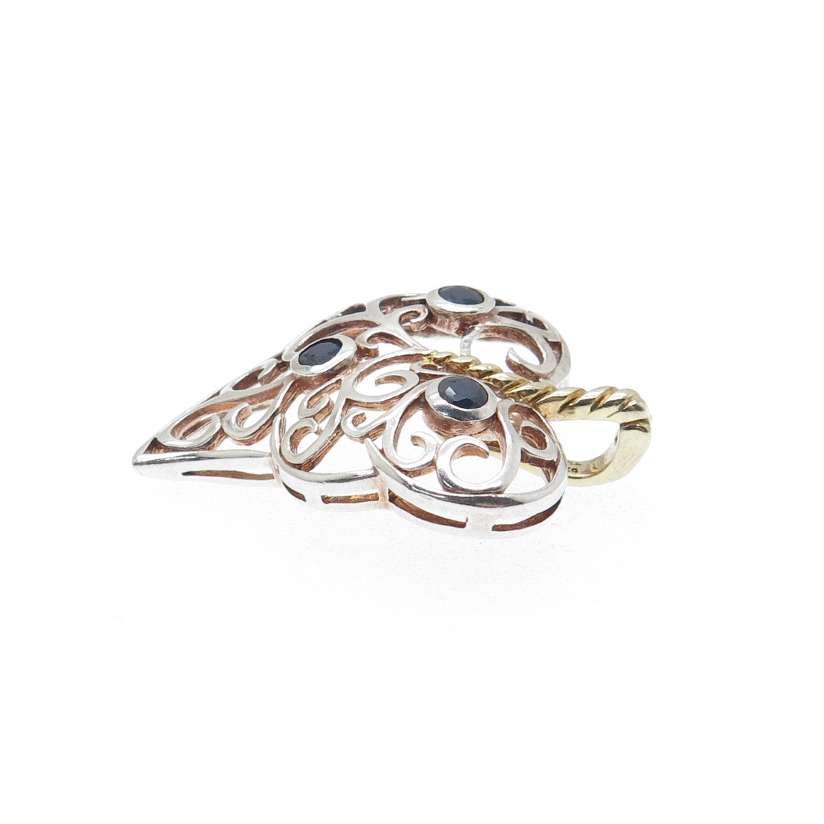 925 Sterling Silver 2-Tone Vintage Real Sapphire Floral Leaf Charm Pendant