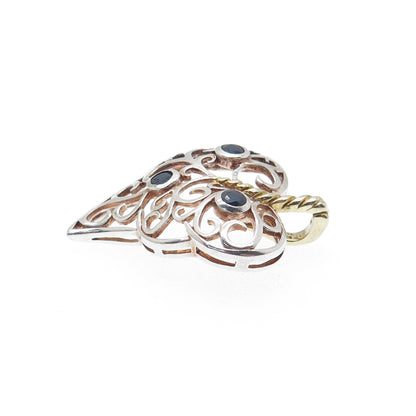 925 Sterling Silver 2-Tone Vintage Real Sapphire Floral Leaf Charm Pendant