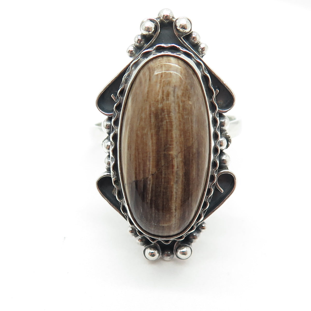 925 Sterling Silver Vintage Real Brown Aragonite Oxidized Ring Size 13.25