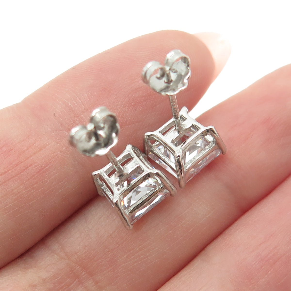 925 Sterling Silver Princess-Cut C Z Stud Earrings