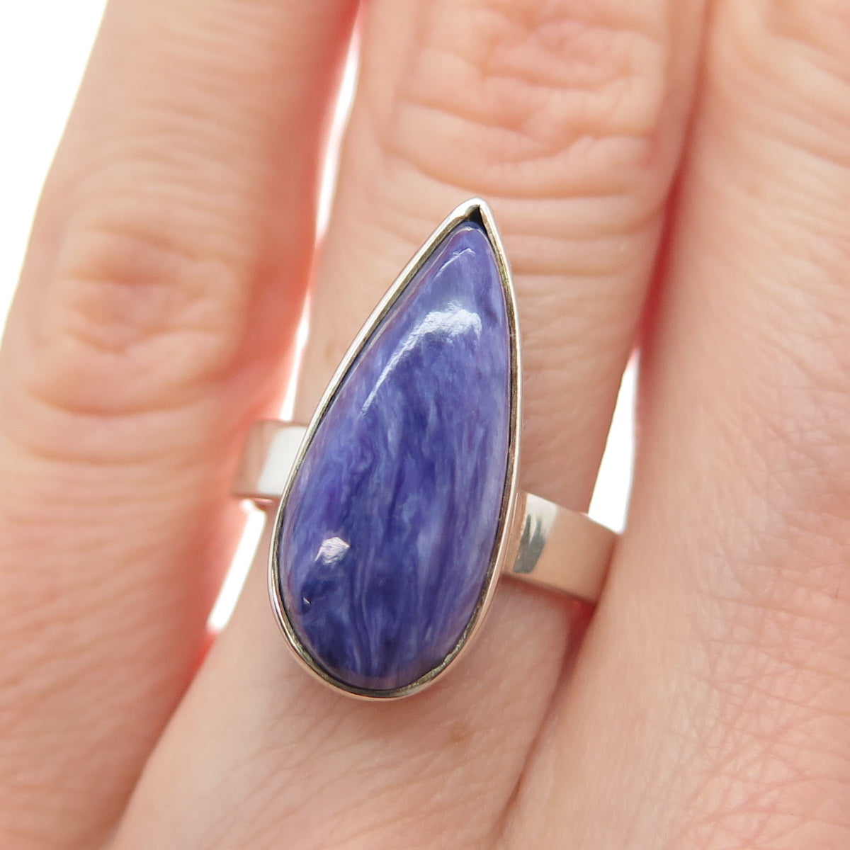 925 Sterling Silver Vintage Real Charoite Gemstone Teardrop Ring Size 6