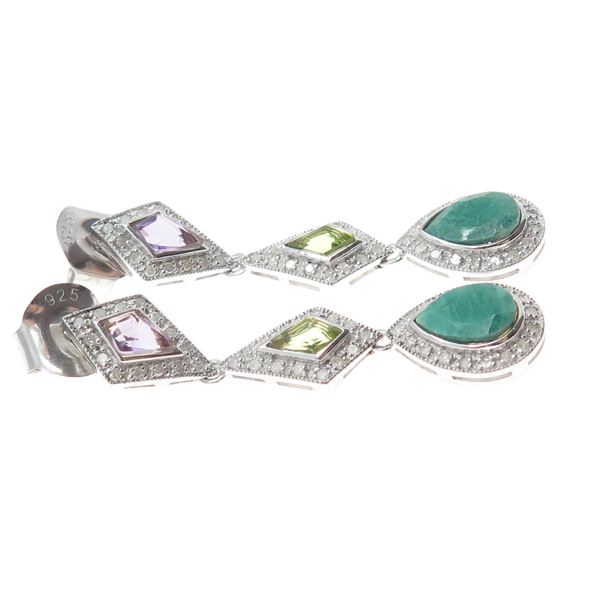 925 Sterling Silver Real Diamond Emerald Amethyst & Peridot Dangle Earrings