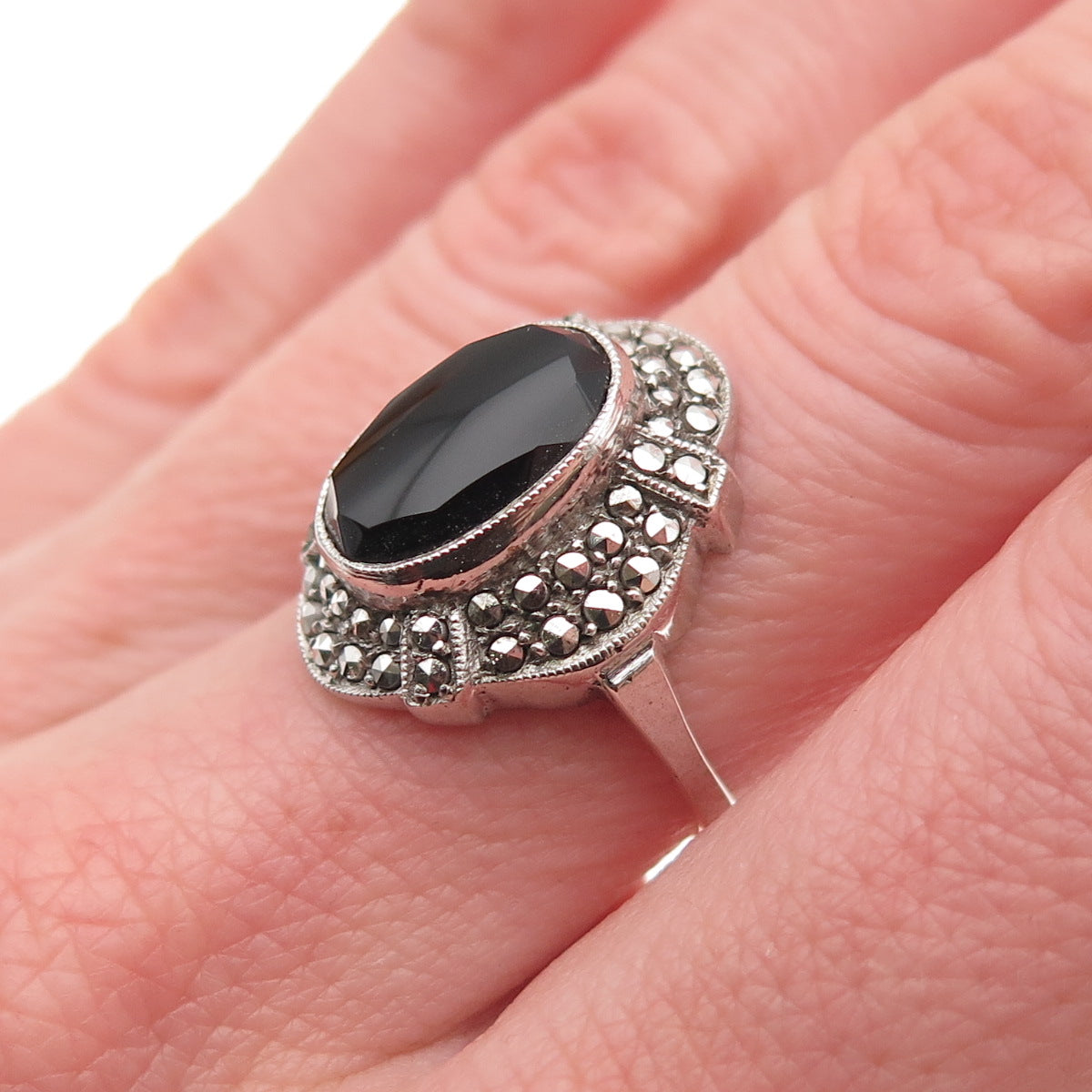 925 Sterling Silver Antique Art Deco Real Black Onyx & Marcasite Ring Size 6.25