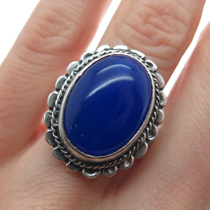 925 Sterling Silver Vintage Real Blue Chalcedony Flower Oxidized Ring Size 8.75