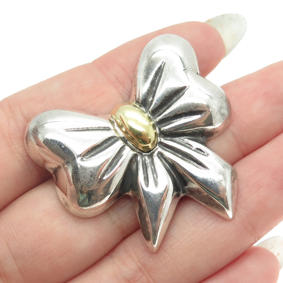 LATON 925 Sterling Silver 2-Tone Vintage Mexico Puffy Bow Pin Brooch