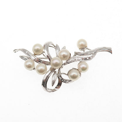 925 Sterling Silver Antique Art Deco Real Akoya Pearl Floral Pin Brooch