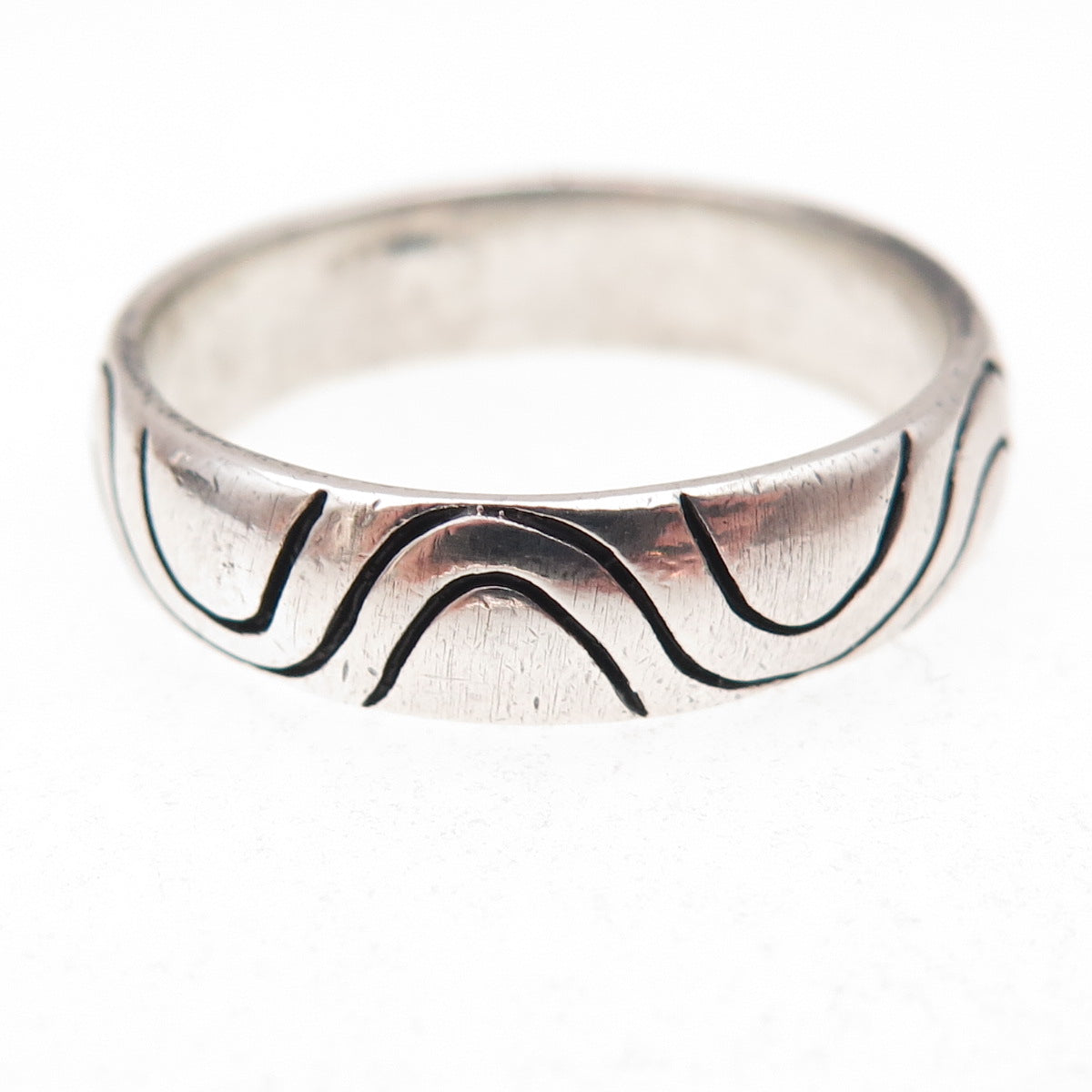925 Sterling Silver Vintage Modernist Wavy Oxidized Band Ring Size 12.25