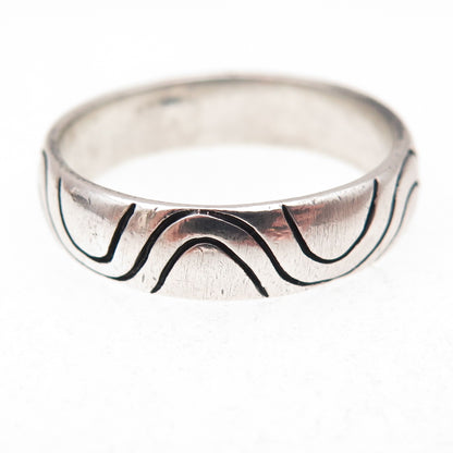 925 Sterling Silver Vintage Modernist Wavy Oxidized Band Ring Size 12.25