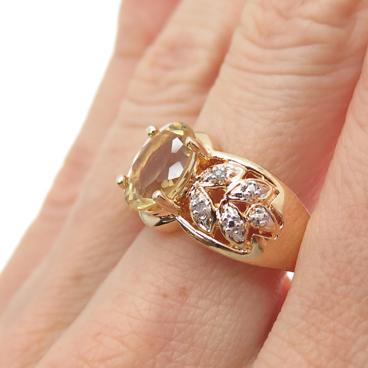 ROSS SIMONS 925 Sterling Silver Gold Plated Real Diamond & Citrine Ring Size 7.5