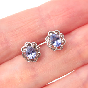 Chuck Clemency 925 Sterling Silver Real Oval-Cut Tanzanite Floral Stud Earrings