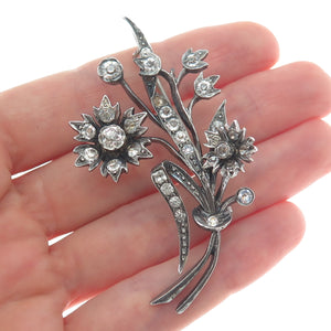 ALFRED FEAU 800 Silver Antique France Rhinestone Flower Oxidized Pin Brooch