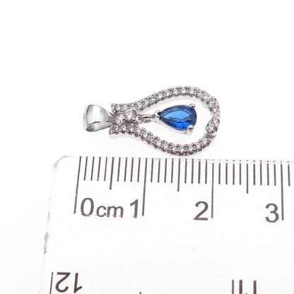 925 Sterling Silver Blue & White C Z Teardrop Charm Pendant