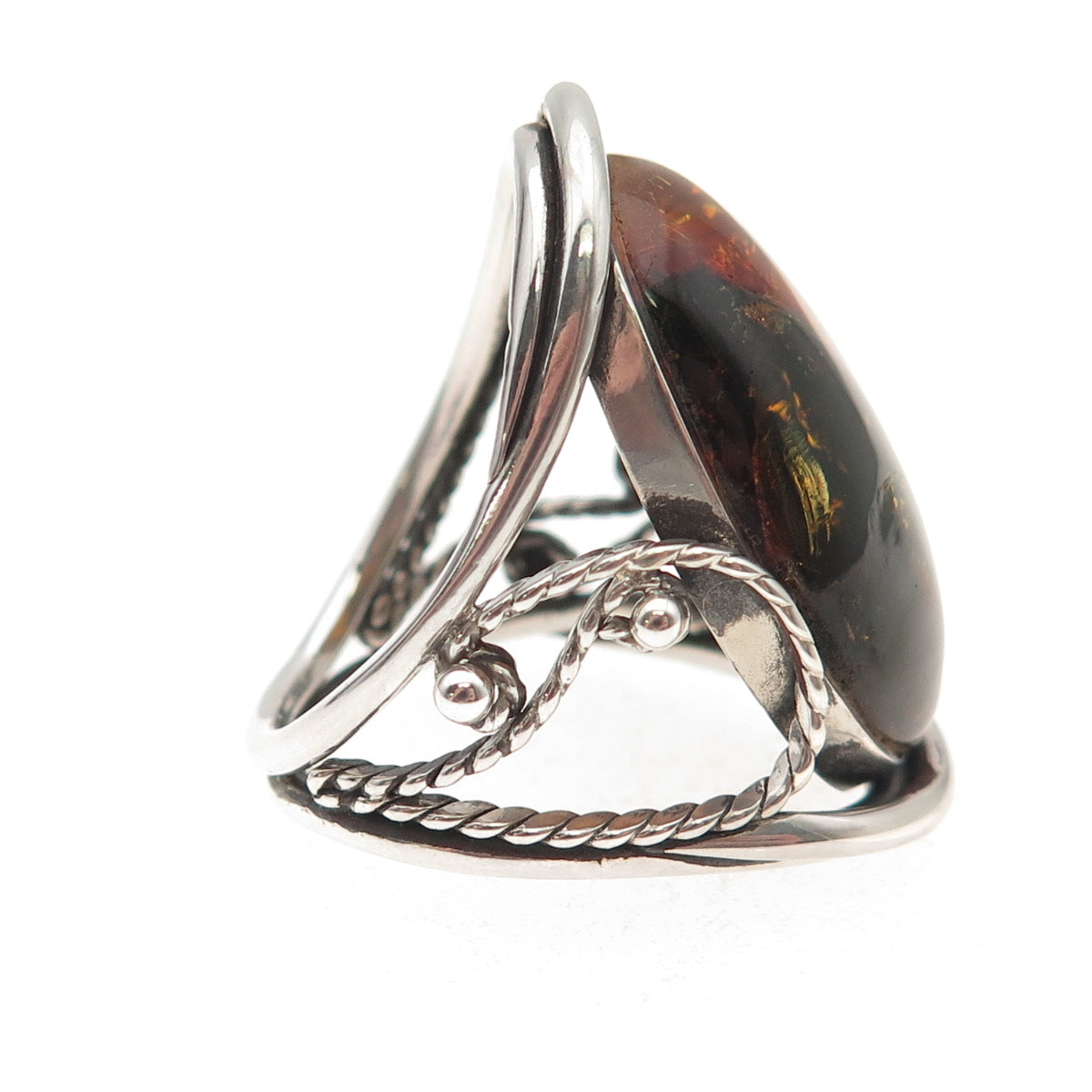 925 Sterling Silver Vintage Real Amber Modernist Oxidized Ring Size 9