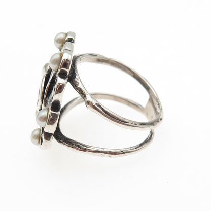Golan Goldex 925 Sterling Silver Vintage Real Pearl Modernist Rose Ring Size 7.5