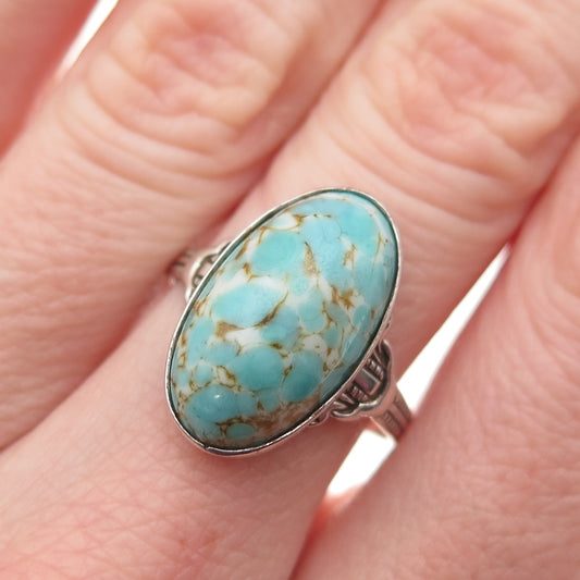 UNCAS 925 Sterling Silver Antique Art Deco Faux Turquoise Oxidized Ring Size 8