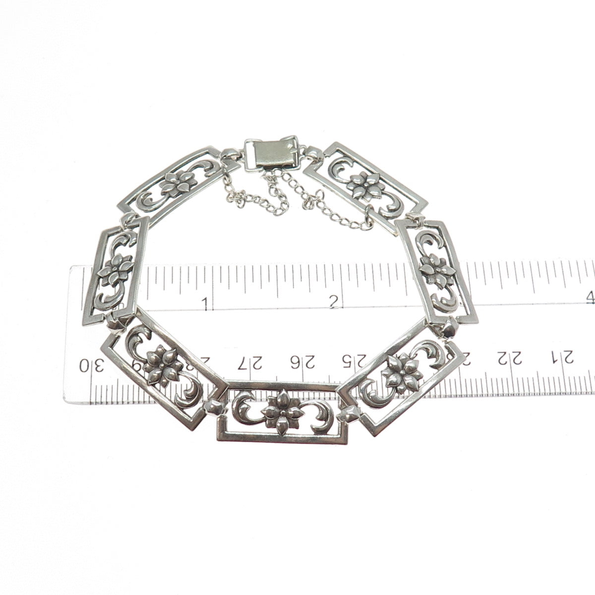 925 Sterling Silver Antique Art Deco Flower Blossom Panel Link Bracelet 7.75"