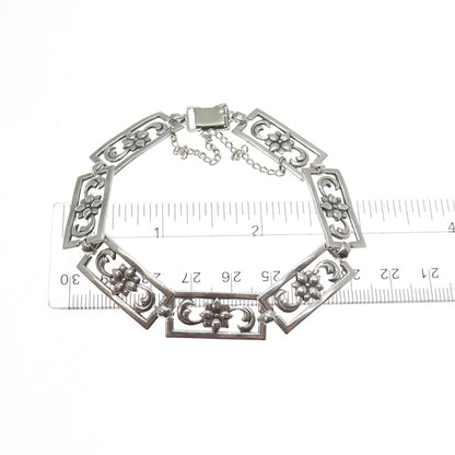 925 Sterling Silver Antique Art Deco Flower Blossom Panel Link Bracelet 7.75"