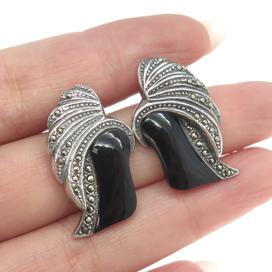 925 Sterling Silver Vintage Black Onyx & Marcasite Gem Art-Deco-Style Earrings