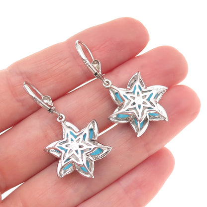 D'Joy 925 Sterling Silver Real Sleeping Beauty Turquoise Floral Dangle Earrings
