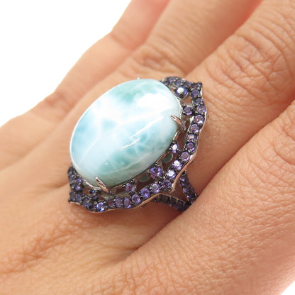 925 Sterling Silver Real Larimar & Amethyst Ring Size 7.25
