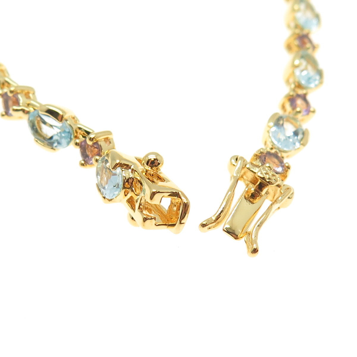 925 Sterling Silver Gold Plated Real Amethyst & Blue Topaz Bracelet 7.25"