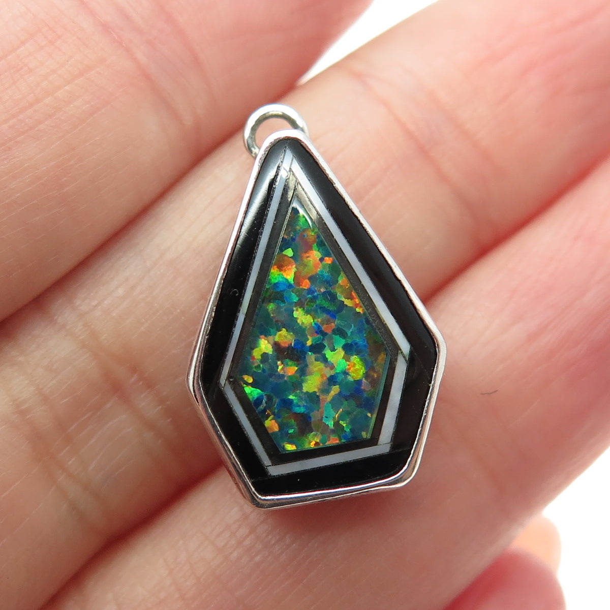 BILL MEX DINEH 925 Sterling Silver Vintage Mexico Black Onyx & Opal Gem Pendant