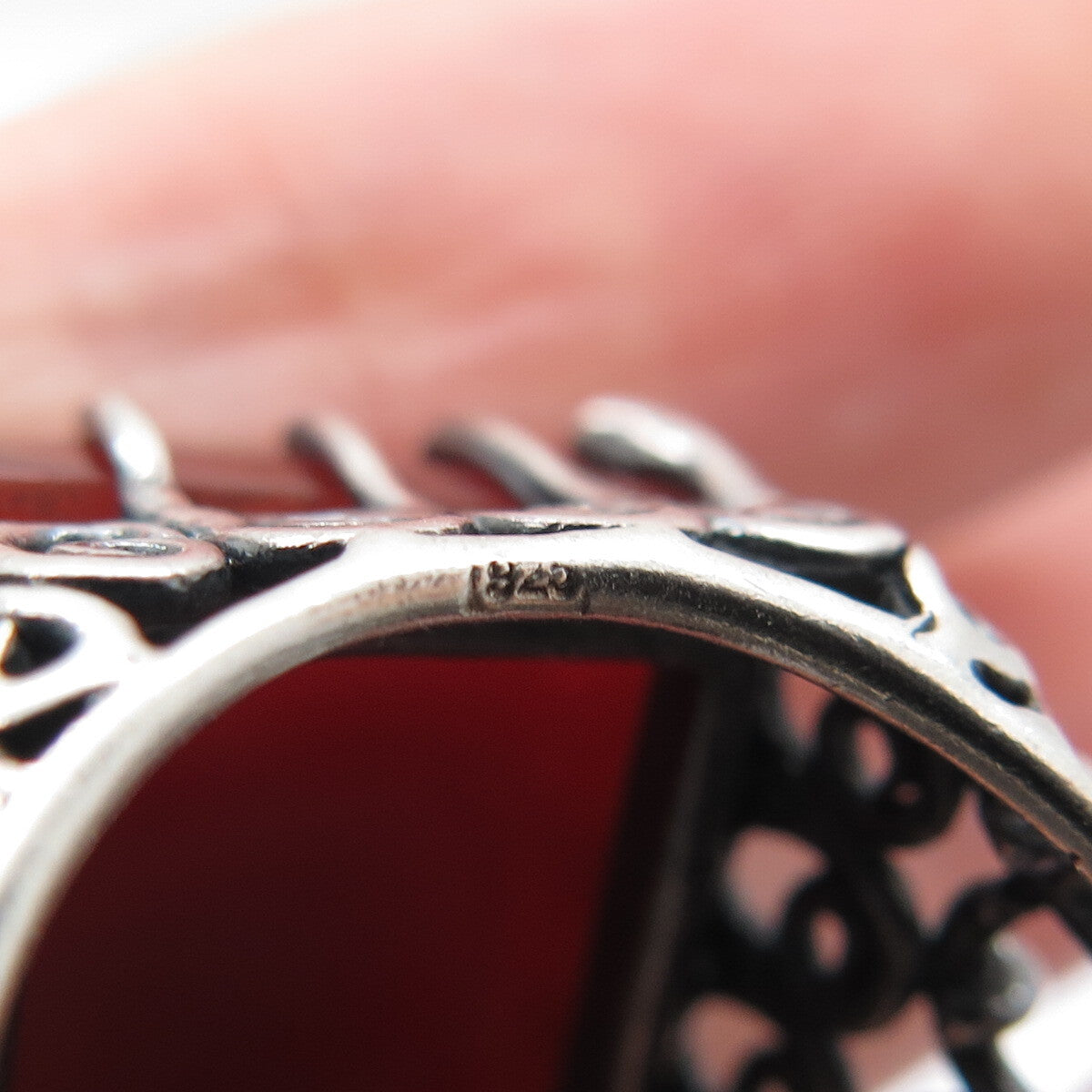 925 Sterling Silver Vintage Real Carnelian Modernist Oxidized Ring Size 6