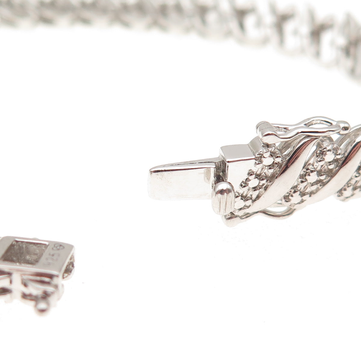 925 Sterling Silver Real Round-Cut Diamond Ribbed Link Bracelet 7.25"