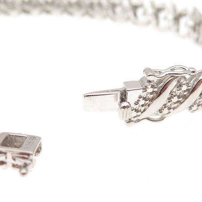 925 Sterling Silver Real Round-Cut Diamond Ribbed Link Bracelet 7.25"