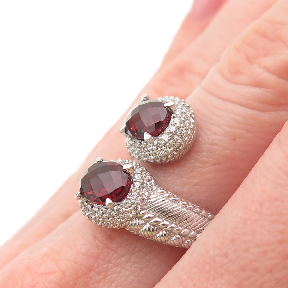 JUDITH RIPKA 925 Sterling Silver Red & White C Z Adjustable Bypass Ring Size 7.5