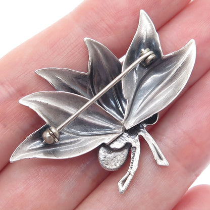 925 Sterling Silver Vintage Real Kingman Turquoise Floral Leaf Oxidized Brooch