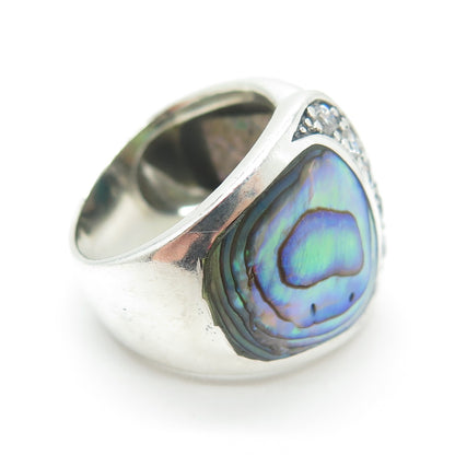 925 Sterling Silver Vintage Abalone Shell & Round-Cut Shaped C Z Ring Size 7