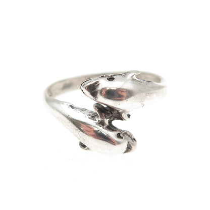 925 Sterling Silver Vintage Dolphin Couple Oxidized Bypass Ring Size 6.5