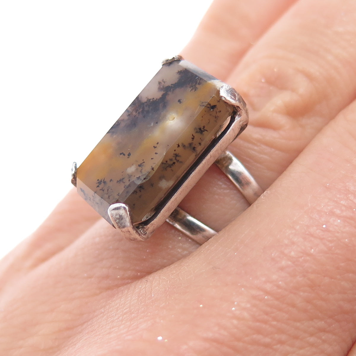 925 Sterling Silver Vintage Real Dendritic Agate Modernist Ring Size 6.5