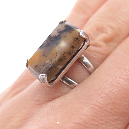 925 Sterling Silver Vintage Real Dendritic Agate Modernist Ring Size 6.5