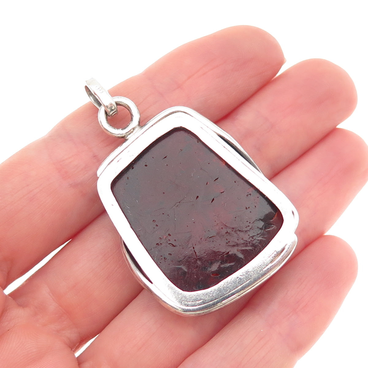 925 Sterling Silver Vintage Real Amber Modernist Oxidized Pendant