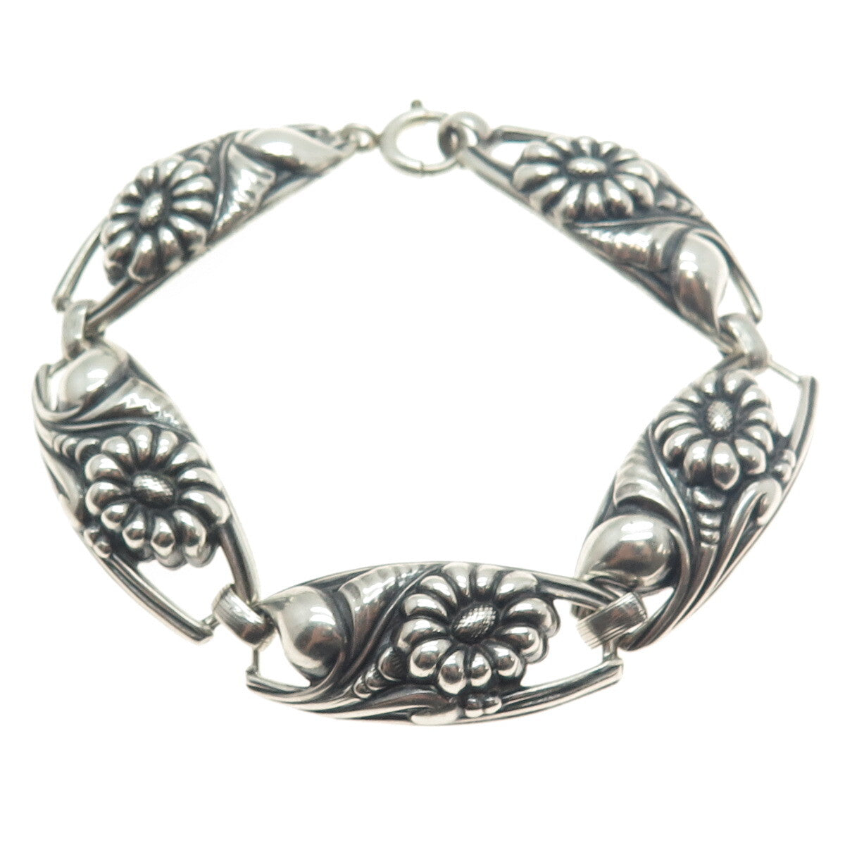 925 Sterling Silver Antique Art Deco Flower Panel Link Oxidized Bracelet 7.75"