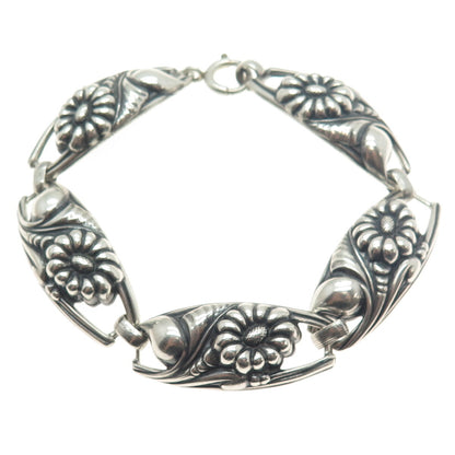 925 Sterling Silver Antique Art Deco Flower Panel Link Oxidized Bracelet 7.75"