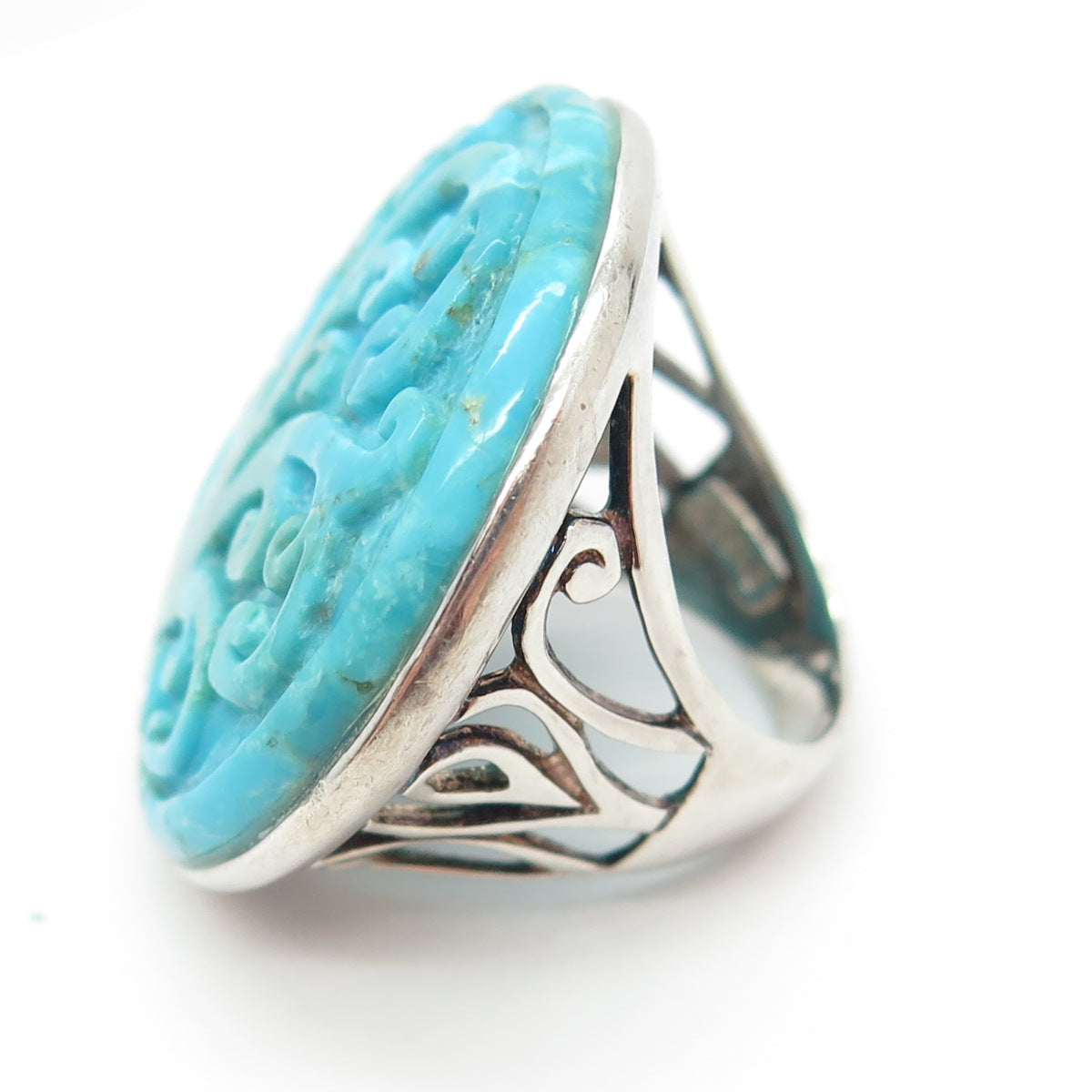 925 Sterling Silver Vintage Real Carved Mountain Turquoise Statement Ring Size 6