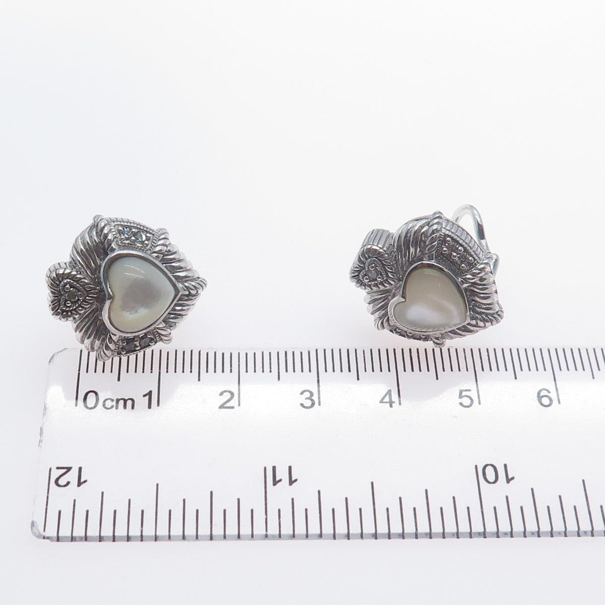 JUDITH RIPKA 925 Sterling Silver Real MOP & C Z Heart Omega Back Earrings