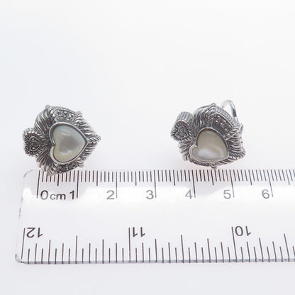 JUDITH RIPKA 925 Sterling Silver Real MOP & C Z Heart Omega Back Earrings