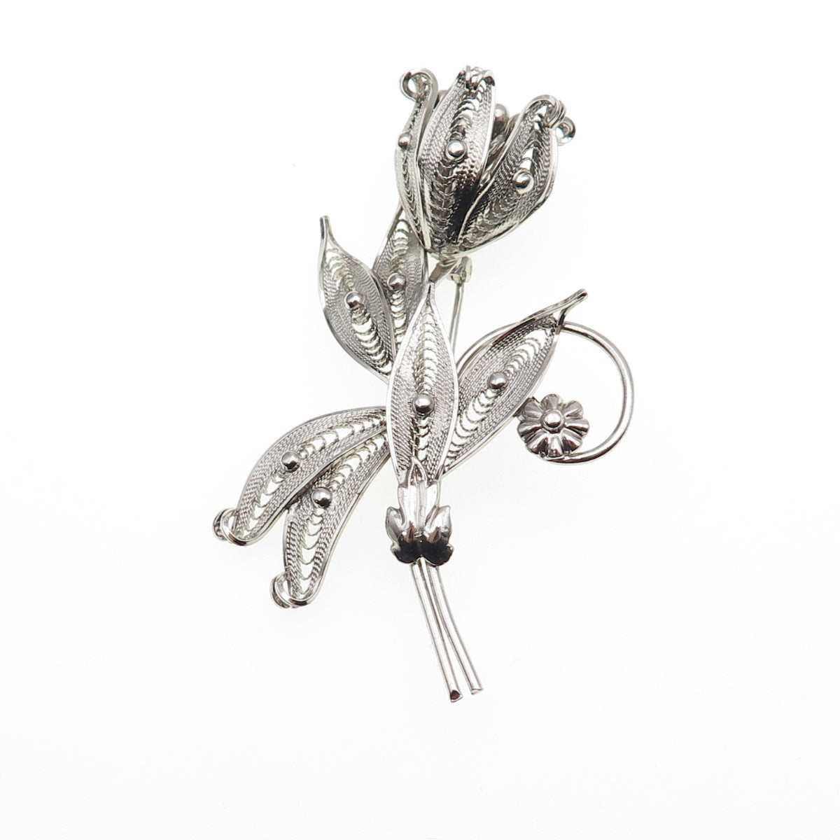 SORRENTO 925 Sterling Silver Vintage Tulip Flower Filigree Pin Brooch