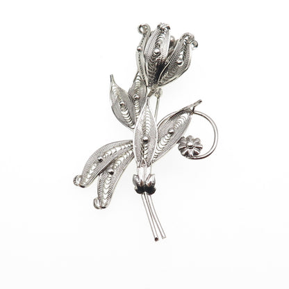 SORRENTO 925 Sterling Silver Vintage Tulip Flower Filigree Pin Brooch