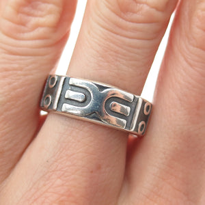 925 Sterling Silver Vintage Mexico Tribal Symbol Oxidized Band Ring Size 9.5