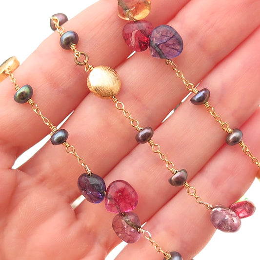 925 Sterling Gold Plated Real Pearl & Multi-Crystal Beaded Chain Necklace 48"