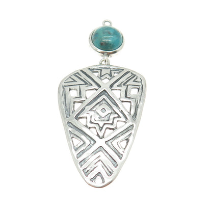 925 Sterling Silver Vintage Real Turquoise Tribal Ornate Pendant