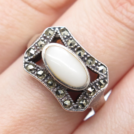 925 Sterling Silver Vintage Real MOP & Marcasite Oxidized Ring Size 7.25
