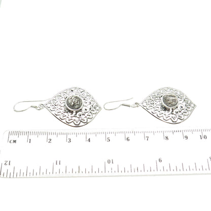 925 Sterling Silver Vintage Real Rutilated Quartz Floral Ornate Dangle Earrings