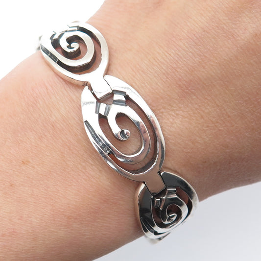 925 Sterling Silver Vintage Mexico Aztec Spiral Panel Link Bracelet 6.75"