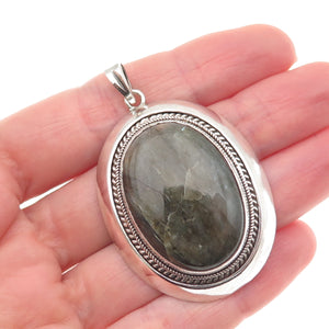 925 Sterling Silver Vintage Real Cabochon Labradorite Roped Pendant